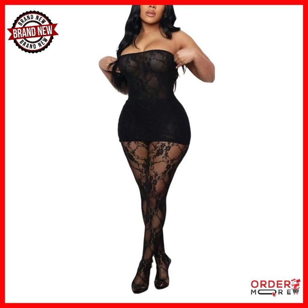 Mesh Lace Tube Dress Set with Stockings & Gloves - 3 Piece Clubwear